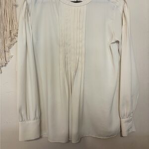 Ann Taylor Cream Pleated Front Long-Sleeve Blouse